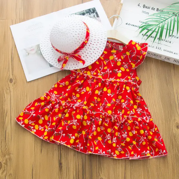 【2Y-7Y】Sweet Print Round Neck Dress With Hat - Popopiestyle.com 