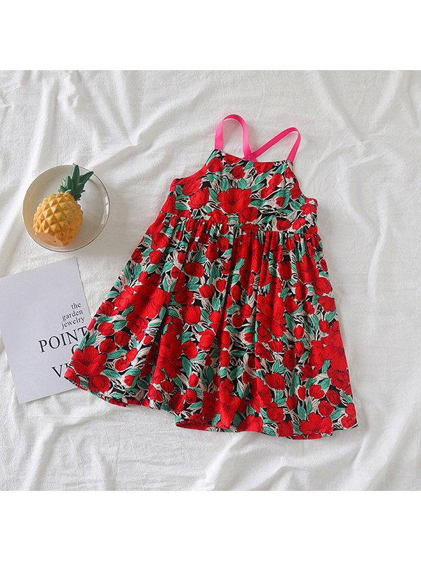 【18M-7Y】Girls Holiday Floral Print Sling Dress
