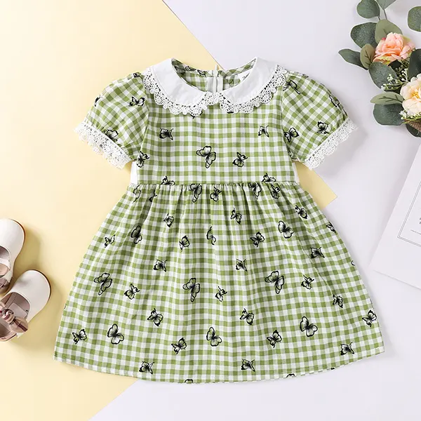 【18M-7Y】Girls' Plaid Doll Collar Butterfly Print Dress - Popopiestyle.com 