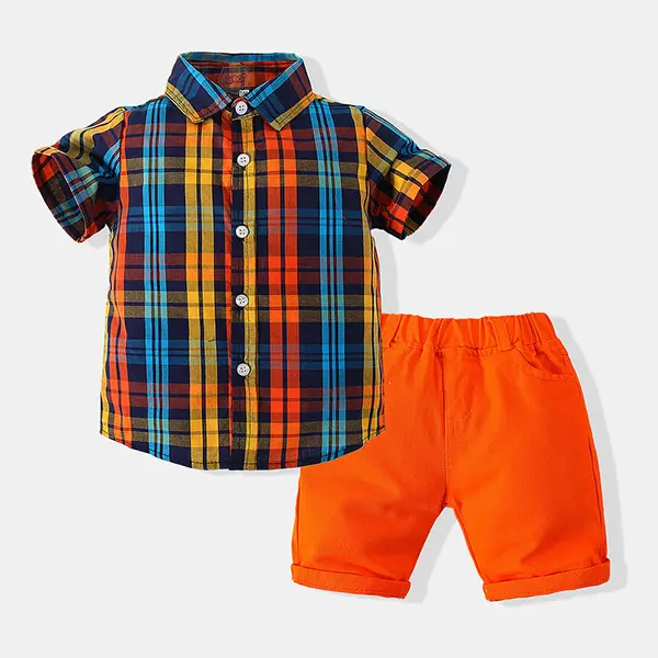 【2Y-9Y】Boys Short-sleeved Plaid Shirt Two-piece Set - Popopiestyle.com 