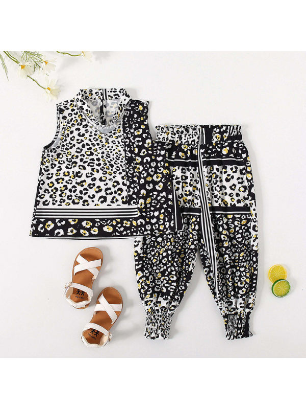 【18M-7Y】Girls Fashion Leopard Print Sleeveless Top Trousers Set