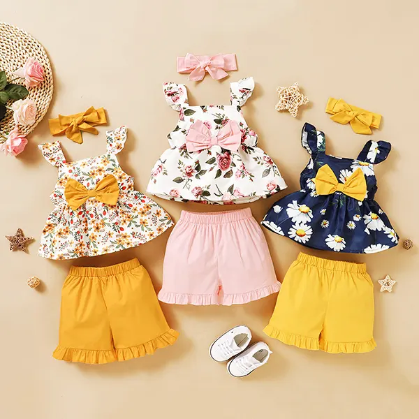 【12M-4Y】Girls' Bowknot Floral Sling Top Three-piece Solid Color Shorts - Popopiestyle.com 