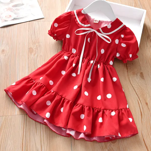 【18M-9Y】Girls Sweet Doll Collar Polka Dot Puff Sleeve Dress - Popopiestyle.com 