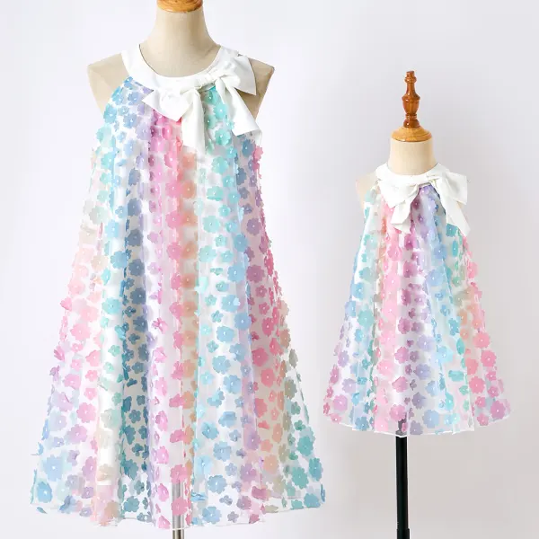 Sweet Colorful Flower Embroidery Bow Mom Girl Matching Dress - Lukalula.com 
