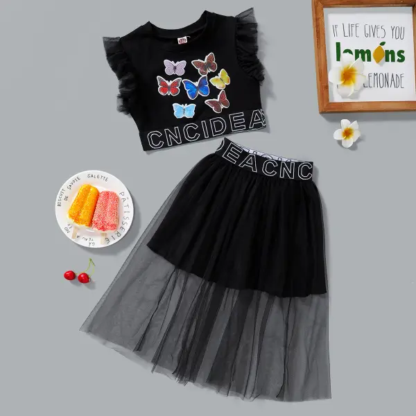 【18M-7Y】Girls Fashion Butterfly Print Sleeveless Top Mesh Skirt Set - Popopiestyle.com 