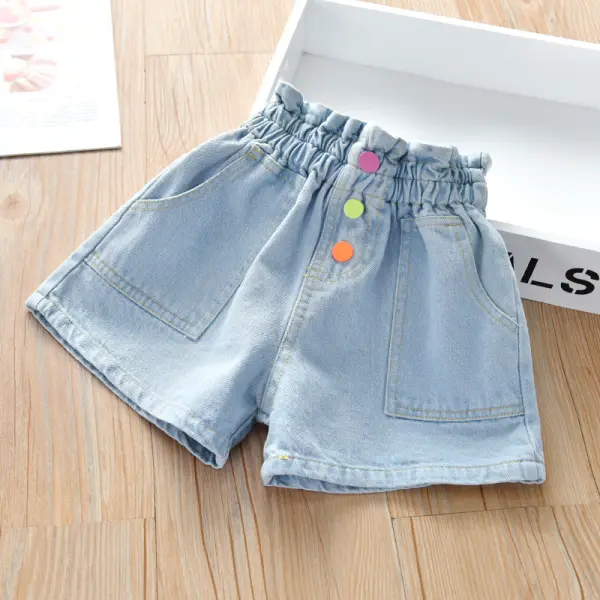 【18M-9Y】Girls Fashion All-match Contrast Button Denim Shorts - Popopiestyle.com 