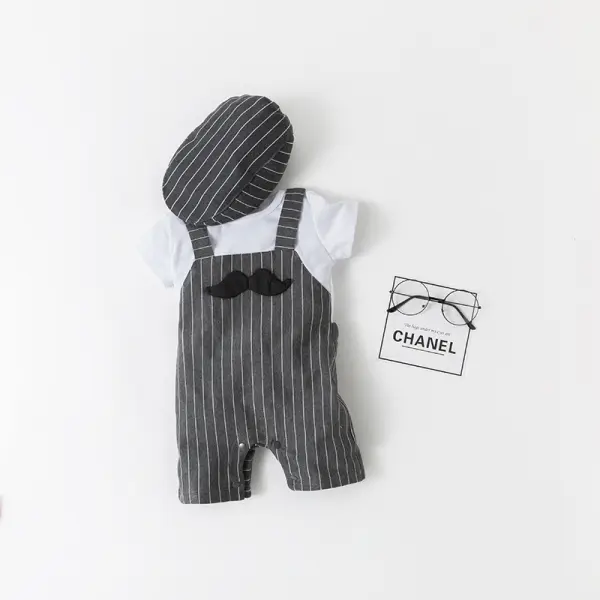 【6M-3Y】Boys Short Sleeve Fake Strap Striped Romper - Popopiestyle.com 