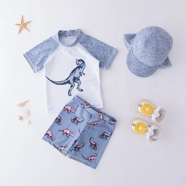 【90-140cm】Boys Hat Color Stitching Dinosaur Print Split Swimsuit - Popopiestyle.com 