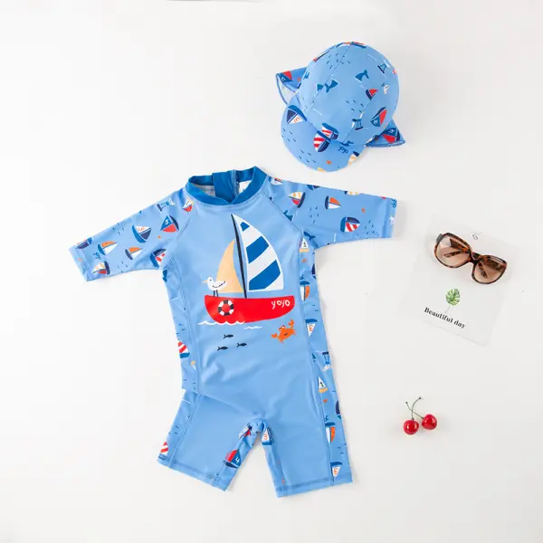 【18M-7Y】Boys Sailboat Print Hooded One-piece Swimsuit - Popopiestyle.com 