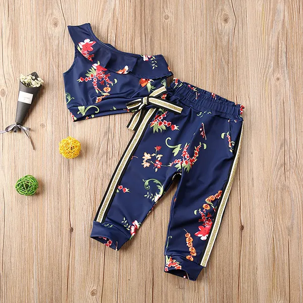 【18M-7Y】Girls Flower Print Off-the-shoulder Top and Pants Set - Popopiestyle.com 