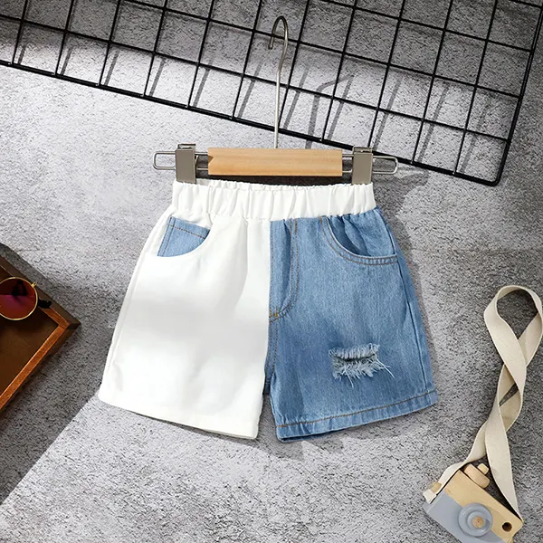 【18M-7Y】Girls White and Blue Mixed Denim Shorts - Popopiestyle.com 