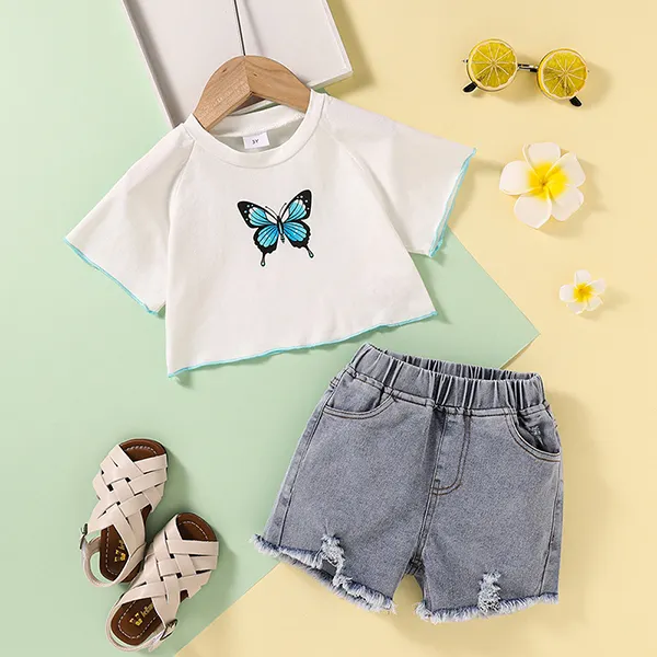 【18M-7Y】Girls Round Neck Short-sleeved Butterfly Print T-shirt with Denim Shorts Suit - Popopiestyle.com 