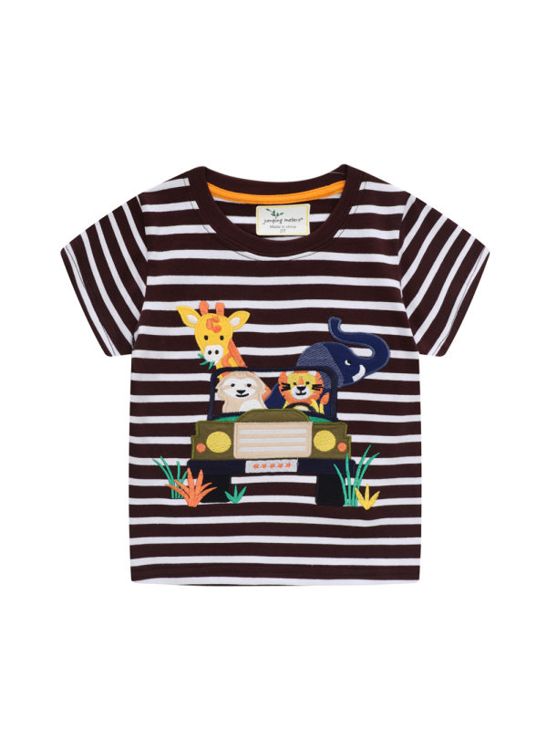 【18M-7Y】Boys Striped Cartoon Print Short Sleeve T-shirt