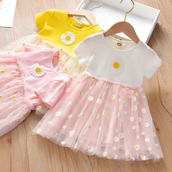 【18M-7Y】Girls Sweet Daisy Pattern Short Sleeve Dress - Popopiestyle.com 