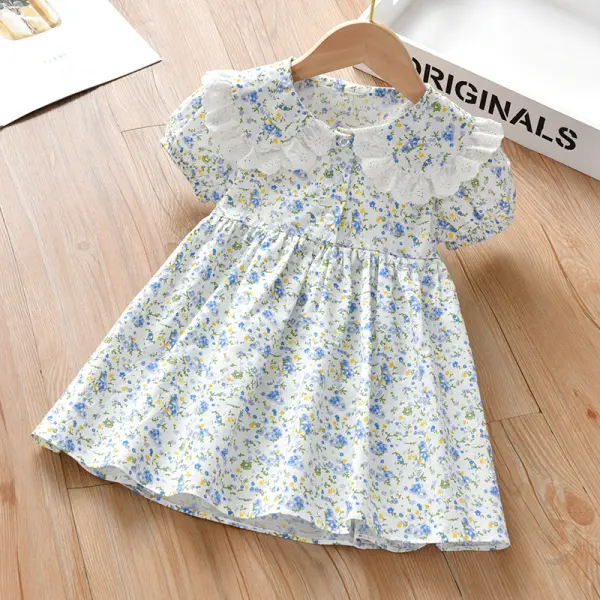 【18M-7Y】Girls Sweet Floral Lapel Short Sleeve Dress - Popopiearab.com 