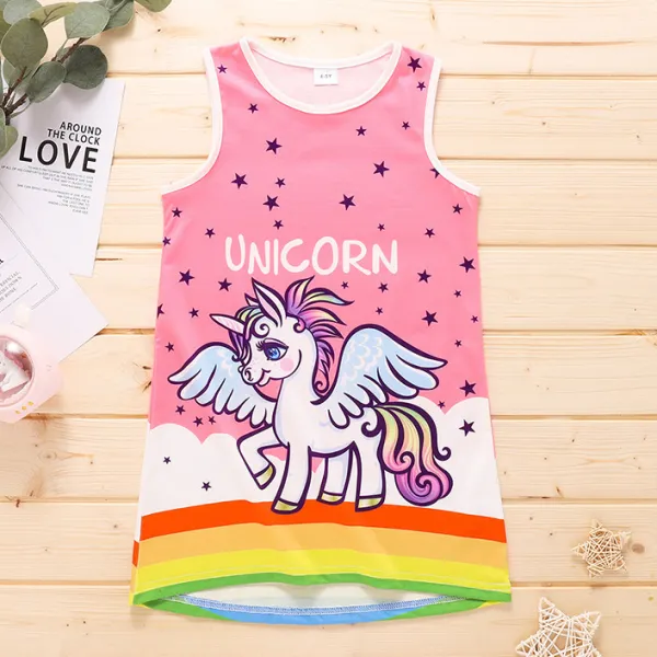 Cute Cartoon Unicorn Print Round Neck Vest Dress - Popopiestyle.com 