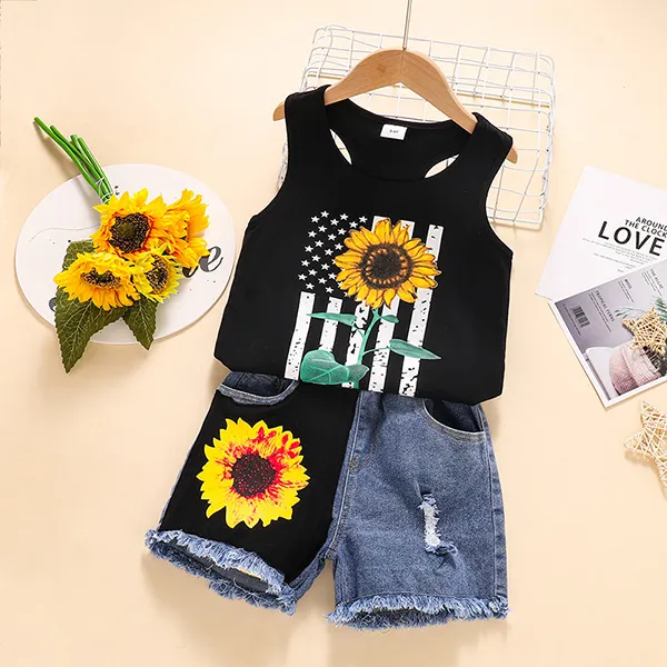 【18M-7Y】Girls Sunflower Vest And Jeans Two-piece Suit - Popopiestyle.com 