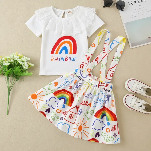 【18M-7Y】Sweet Rainbow Print T-shirt and Skirt Set - Popopiestyle.com 