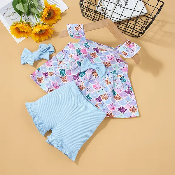 【3M-3Y】Girls Colorful Scales Top And Shorts Suit - Popopiestyle.com 