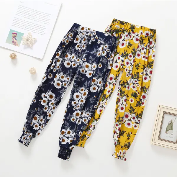 【18M-7Y】Girls Sunflower Print Bouquet Foot Trousers - Popopiestyle.com 