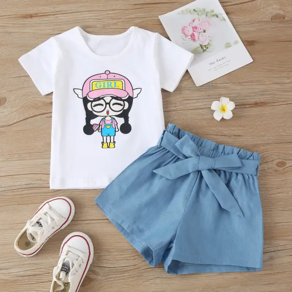 【18M-7Y】Cute Cartoon Print White T-shirt And Blue Denim Shorts Set - Popopiestyle.com 