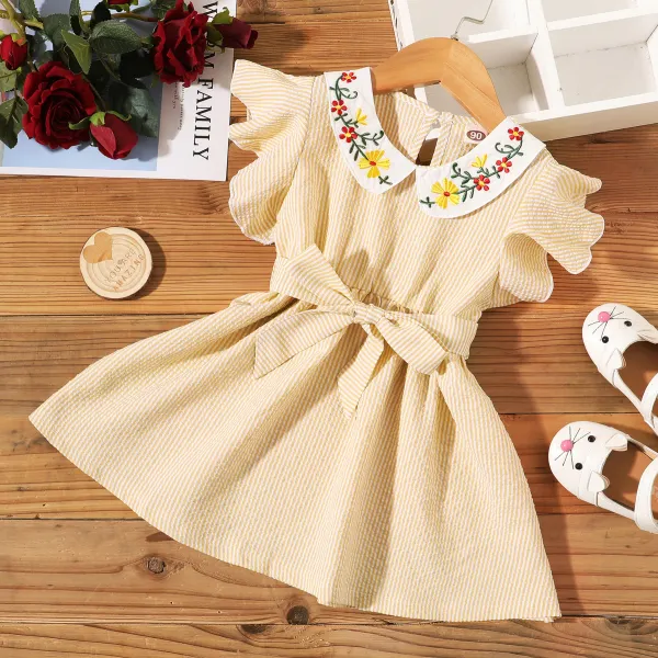 【18M-7Y】Sweet Flower Embroidered Yellow Striped Dress - Popopiestyle.com 