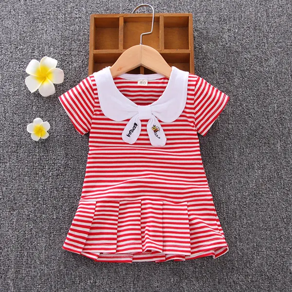 【12M-5Y】Girls Lapel Striped Short Sleeve Pleated Dress - Popopiestyle.com 