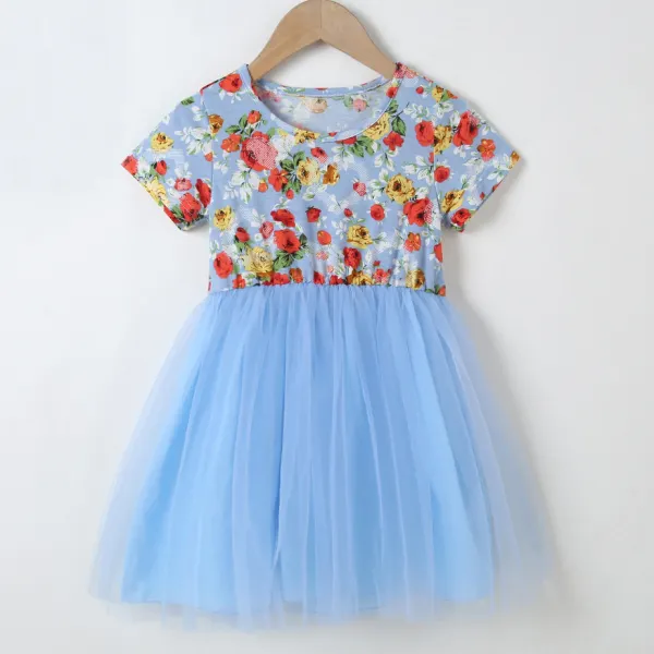 【18M-7Y】Sweet Flower Print Blue Mesh Dress - Popopiestyle.com 