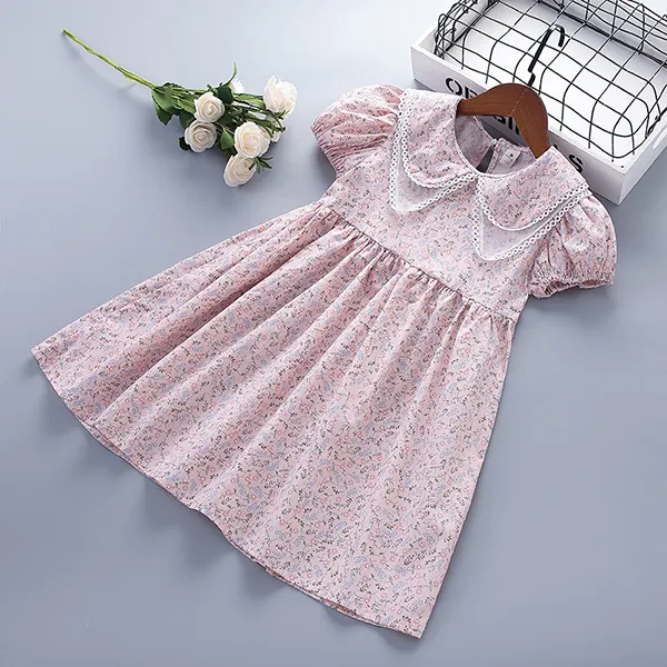 【3Y-11Y】Girl Pastoral Style Short-sleeved Floral Doll Collar Dress - Popopiestyle.com 