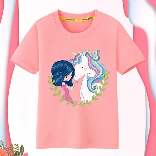 Girls Princess And Unicorn Trend Print Short Sleeve T-shirt - Popopiestyle.com 