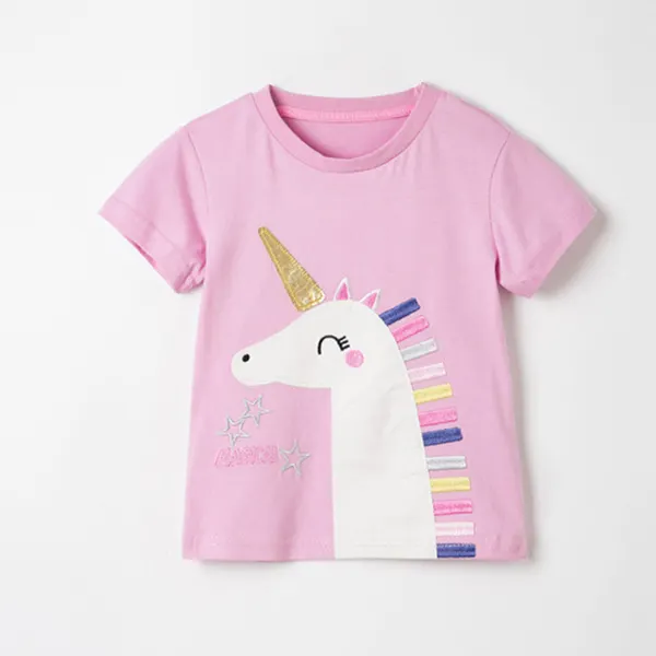 Girls Unicorn Embroidered Short Sleeve T-shirt - Popopiestyle.com 