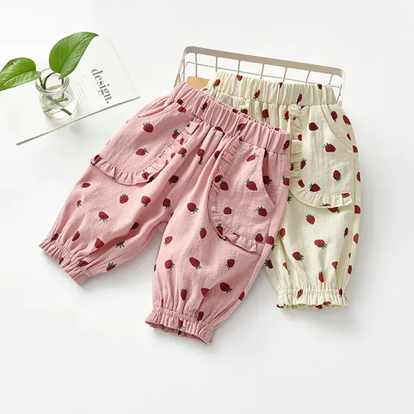 【18M-9Y】Girls Strawberry Print Cotton And Linen Casual Five-point Shorts - Popopiestyle.com 