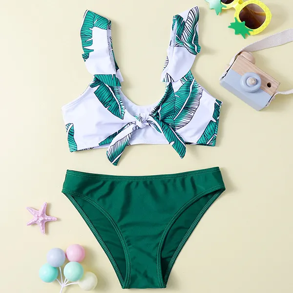 Girls Leaf Print Bikini Ruffled Split Swimsuit - Popopiestyle.com 
