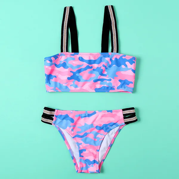 【6Y-13Y】Girls Camouflage Bikini Swimsuit With Suspenders - Popopiestyle.com 