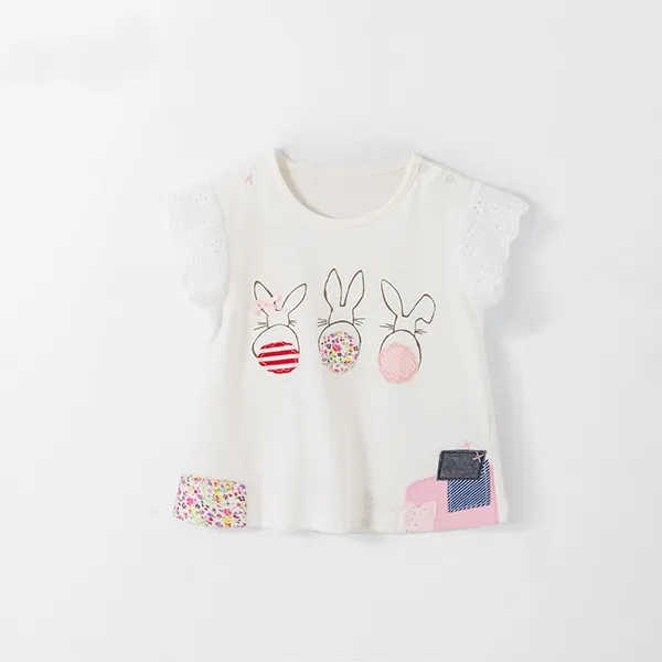 【18M-9Y】Girls Hit Color Stitching Cartoon Print Short Sleeve T-shirt - Popopiestyle.com 