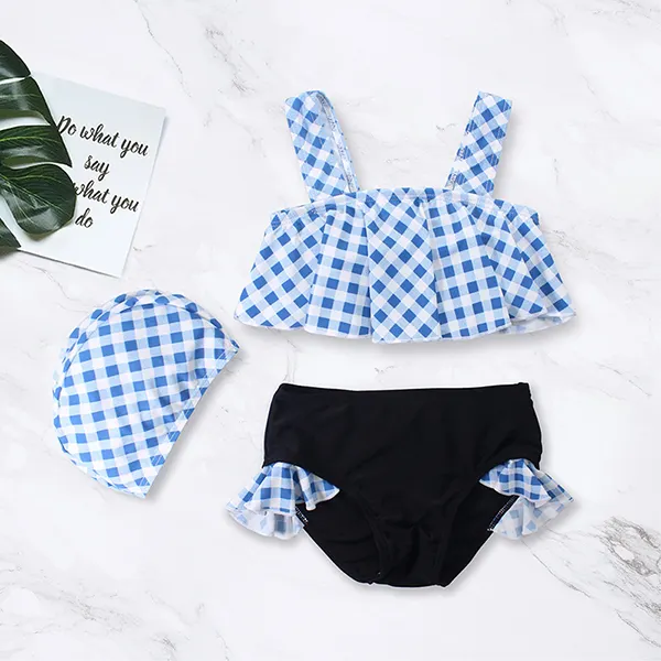 【12M-5Y】Girls Split Bikini Suit with Swimming Cap - Popopiestyle.com 