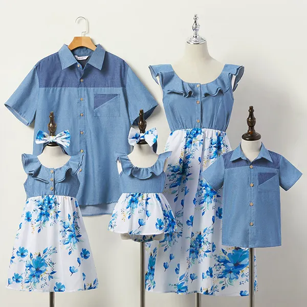 Flower Print Denim Stitching Family Matching Outfits - Popopiestyle.com 