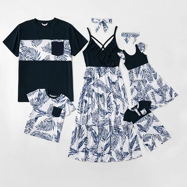 Casual V-neck Leaf Print Family Matching Outfits - Popopiestyle.com 