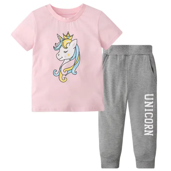 【12M-7Y】Girls Cartoon Unicorn Print Short-sleeved T-shirt Two-piece Trousers - Popopiestyle.com 