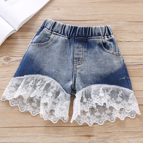 【18M-7Y】Girls Casual Lace Denim Shorts - Popopiestyle.com 