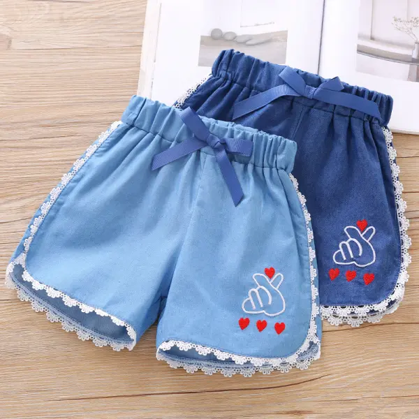 【90-130cm】Girls Casual Lace Embroidered Denim Shorts - Popopiestyle.com 