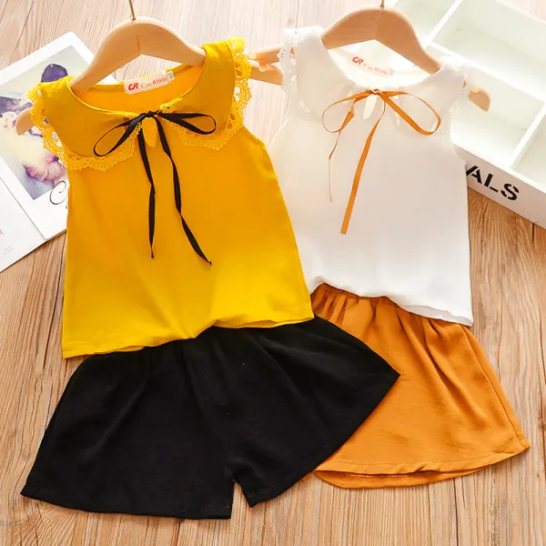 【12M-5Y】Girls Sweet Lapel Sleeveless Top Shorts Set - Popopiestyle.com 