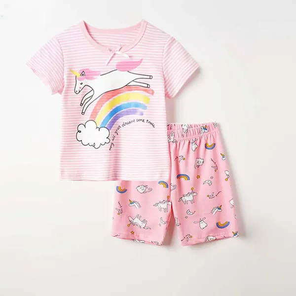 【18M-9Y】Girls Cartoon Print Short-sleeved T-shirt Shorts Two-piece Suit - Popopiestyle.com 