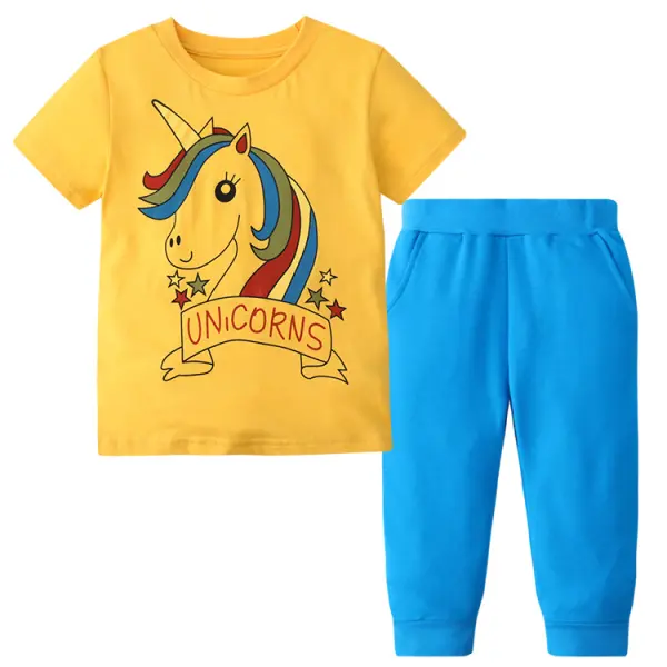 【12M-7Y】Girl Cartoon Unicorn Print Short-sleeved T-shirt Two-piece Trousers - Popopiestyle.com 