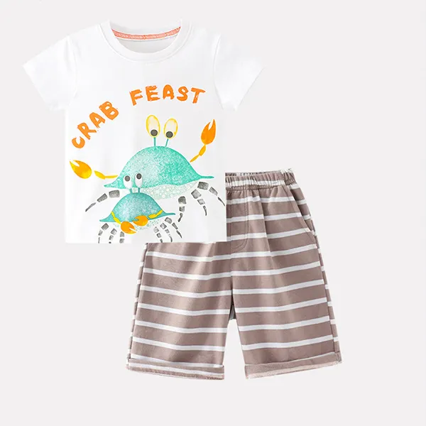 【18M-9Y】Boy's Cartoon Print Short-sleeved and Stripe Shorts Two-piece Suit - Popopiestyle.com 