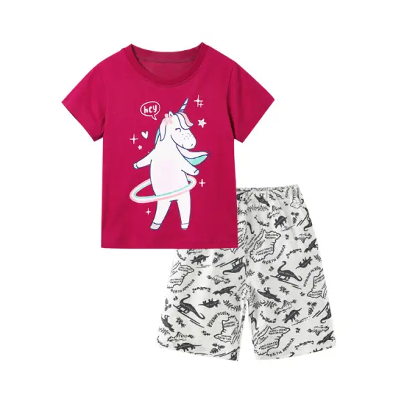 【18M-9Y】Girls Unicorn Cartoon Print Short-sleeved T-shirt Shorts Two-piece Suit - Popopiestyle.com 