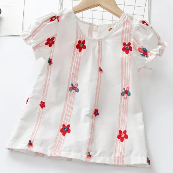 【18M-7Y】Girl Sweet White Floral Embroidered Short-sleeved Shirt - Popopiestyle.com 