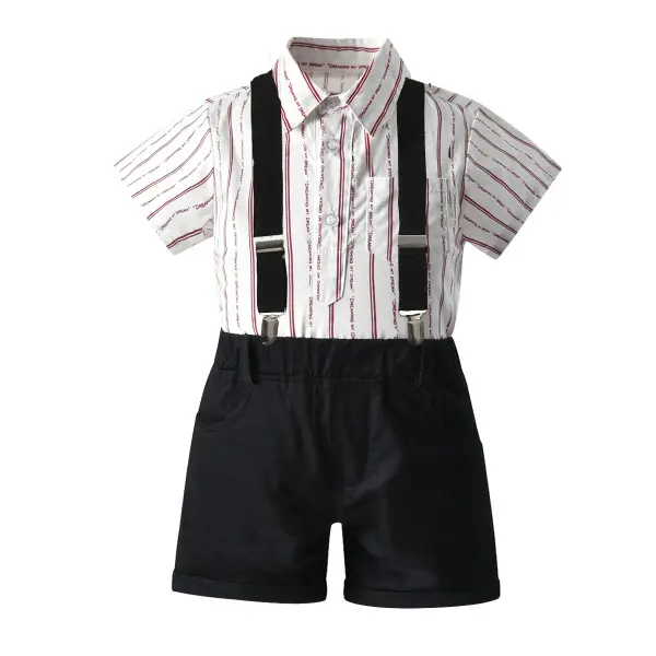 【12M-7Y】Boys Striped Short-sleeved Shirt Solid Color Strap Shorts Three-piece Suit - Popopiestyle.com 