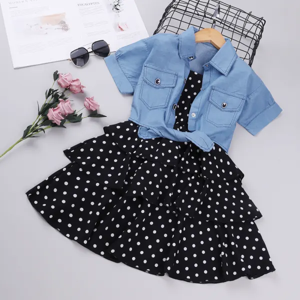 【3Y-11Y】Girls' Short-sleeved Denim Jacket And Polka Dot Suspender Dress - Popopiestyle.com 