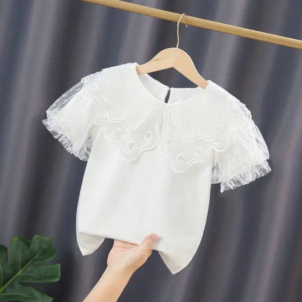 【3Y-11Y】Big Girl's Short-sleeved Lace Doll Collar Top - Popopiestyle.com 